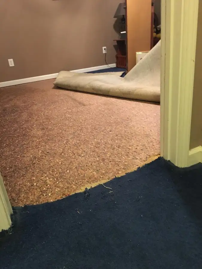 Carpet pad removal revealing water damage during Water Mitigation Services in Jesup